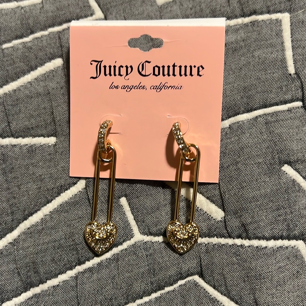 Juicy Couture Gold Tone Rhinestone Heart Safety Pin Earrings